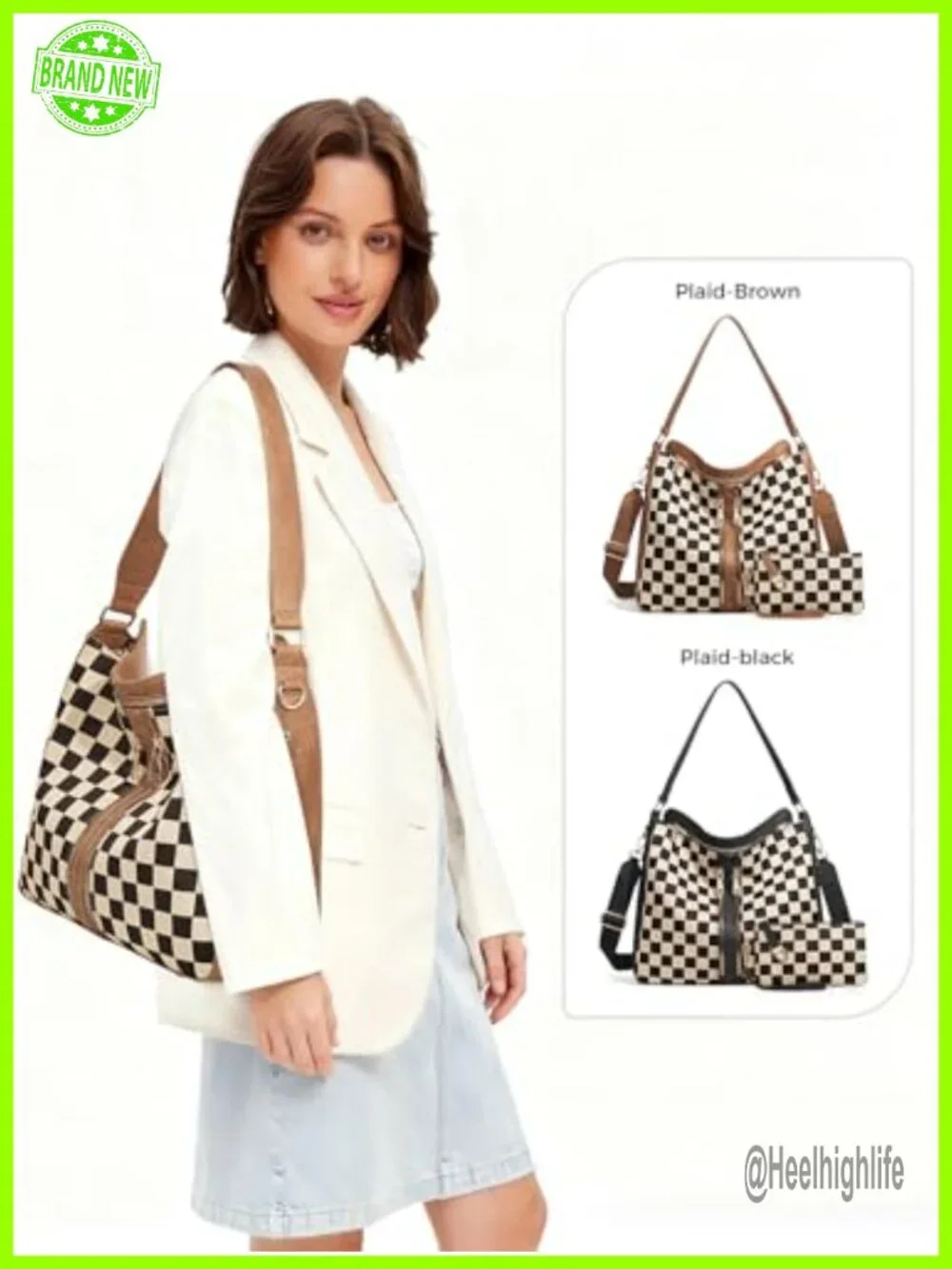 PU Leather Canvas Checkered Hobo Handbag Tote Crossbody Bag Adjustable Strap